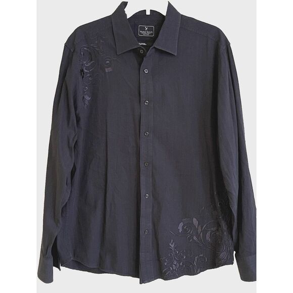 Marc Ecko Mens Shirt Sz. L Embroidered Dark‎ Blue Long Sleeve Button Collared - Picture 1 of 7